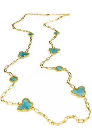 SOPHIE Lange zilveren halsketting collier halssnoer geelgoud verguld Model Vlinder en Bol met turkoois blauwe stenen