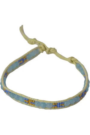 Silventi 710401490 Wikkelarmband met Kralen - Blauw - Leer - - Kralen - 24CM - Bras - Knoopsluiting