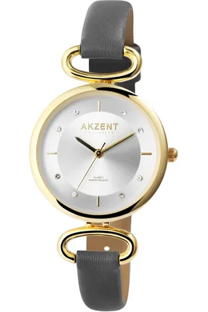 Akzent Dames horloge-Analoog-Rond-33MM-Goudkleurig-Grijs lederen band.