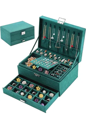 Merkloos Sieradendoos van fluweel met 2 niveaus - donkergroen - voor dames - ringen oorbellen halskettingen horloges - slot en sleutel sieraden etui