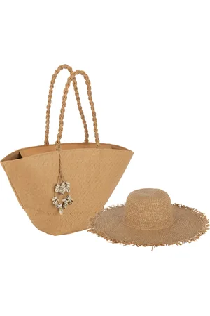 J-line Strandtas met schelpen + hoed - papier - lichtbruin - 2 stuks