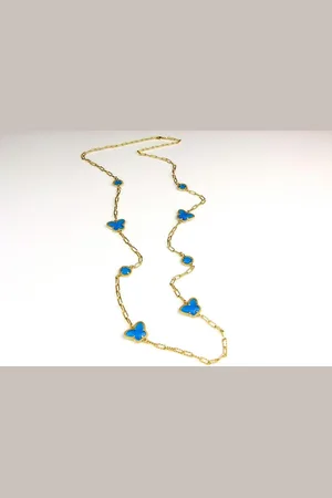 SOPHIE Lange zilveren halsketting collier halssnoer geelgoud verguld Model Vlinder en Bol met fel blauwe stenen