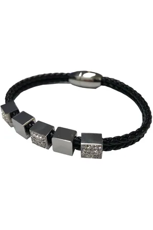 Silventi 980101953 Lederen armband met metalen elementen - zirkonia - zwart