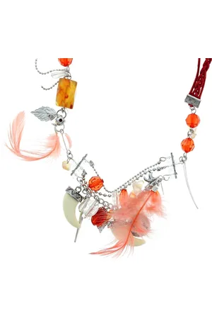 Behave Rode ketting met tand, muntjes, agaat en veer hangers