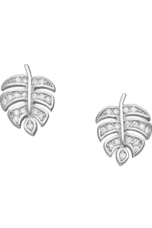 EAR IT UP Oorbellen - Gatenplant - Monstera - Push back oorknopjes - Blad - Leaf - Gerhodineerd 925 sterling - Zirkonia - Pavézetting - 11 x 8 mm - 1 paar