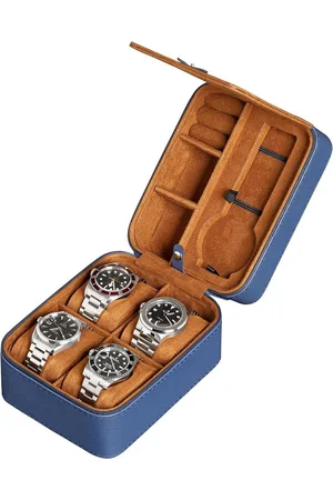Merkloos Horloge opberg organizer - robuuste draagbare beschermhoes voor 5 horloges - blauw/lichtbruin