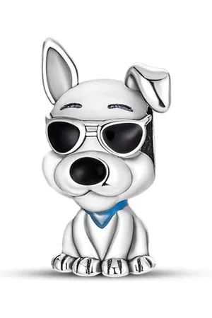 Fler ® | Bedel | Past op populaire bedel armbanden (standaard-3mm) | armbandbedel | Coole Hond met Zonnebril | Sjaal | Bedel Charm | 25 Sterling | Emaille | Zwart | Blauw | Kerstcadeau | Sinterklaas Cadeau | Valentijn kado