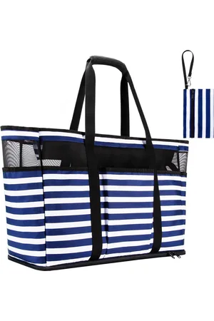 Merkloos Extra grote strandtas met ritssluiting, waterdichte strandtas met strepen, XXL familiebadtassen, strandtassen, lichtgewicht mesh strandtas voor dames, meisjes