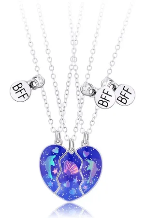 Bixorp Friends BFF Ketting voor 3 met Dolfijnen Hartje - Donkerblauw & Zilverkleurig met Glitters - Vriendschapsketting voor Best Friends