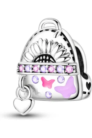 Fler ® | Bedel | Past op populaire bedel armbanden (standaard-3mm) | armbandbedel | Kindertas | Rugzak voor kinderen | kerstcadeau | begin schooljaar| Schooltas | HangBedel Charm | 925 | Naar school | Emaille roze | Zirkonia roze | Cadeau |
