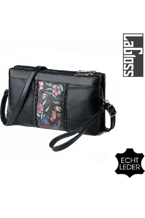 Merkloos LaGloss ECHT LEDER Damestas Bloemen Print 1 - Luxe Zacht Leren Crossbody Handtas - Zwarte Schoudertas - Clutch - 23 x 14 cm
