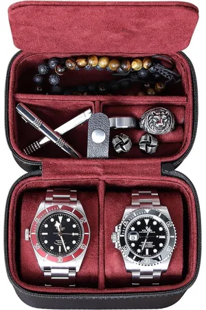 Merkloos Travel Case Opbergdoos voor 2 Horloges - Stevige Draagbare Bescherming Met Rits - Past Alle Horloges & Smart Horloges Tot 50 mm - Zwart/Rood
