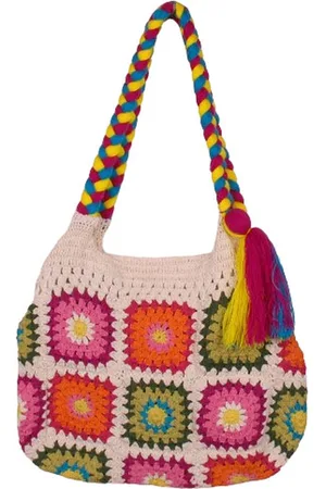 S.Y.W Schoudertas Wit Bohemian - Granny Squares Roze/Rood/Oranje/Groen - Handgemaakt & Gevlochten Band - B-35cm x H-30(65)cm