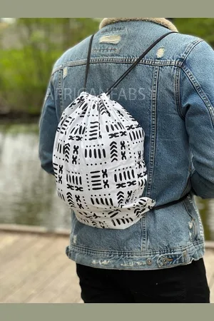 Merkloos Afrikaanse print rugzak / Gymtas / Schooltas met rijgkoord - Wit / zwart bogolan - Drawstring Bag