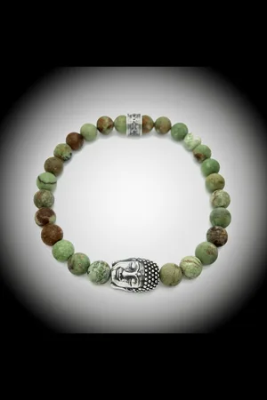 Behave Natuursteen Armband met 925 Sterling Zilver Buddha / Boedha Bedel van 13 gram Zilver , Handgemaakte Edelsteen Kralenarmband met 8mm (Matte Groene Opaal) kralen .