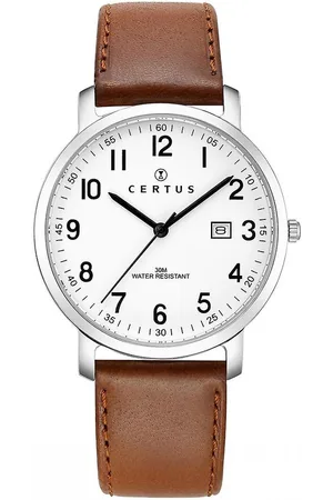 Certus Duidelijk heren horloge-Datumaanduiding-Bruin lederen band.