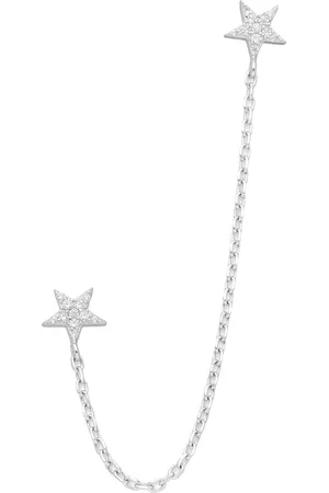 EAR IT UP Oorbellen - Dubbel - Sterren - Ketting - Push back oorknopjes - Gerhodineerd zilver - Zirkonia - Pavézetting - 80 x 6 mm - 1 stuk