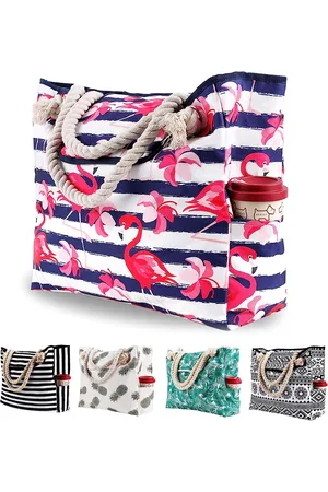 Merkloos Grote XXL familie met magnetische gesp, shopper, schoudertas, boodschappentas, canvas, waterdichte tas voor strand, strandtas, schoudertas, badtas dames heren, flamingo, tropical