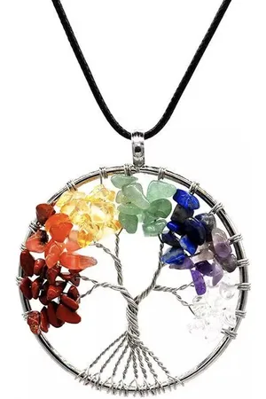ASTRADAVI Kristal Tree of Life - Hanger - Levensboom Positieve Energie Hanger met Ketting - Chakra Kristal Edelstenen - Veelkleurig Kristallen met Zwart Vegan Lederen Koord