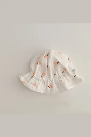 Merkloos Schattige Vakantie Zonnehoed Linnen look - Off-White - Bloempje / Bloem - Wafelstof - Katoen / Mousseline | 0 – 18 Maanden | Baby – Kind | UV Werend | Elastiek – Licht Uitrekbaar | Strandhoedje - Accessoire | Voor strand of onderweg! | DH c