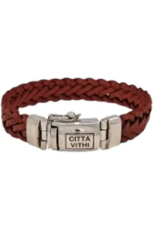 Jonline Zilveren Citta Vithi Rood Bruin Leren Gevlochten Buddha Armband model 11 maat L