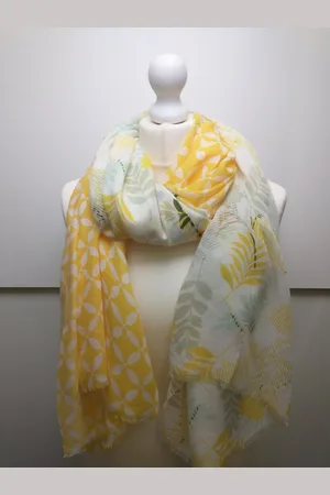 Merkloos Lange dames sjaal Katinka bladerenmotief fantasie wit groen zwart beige
