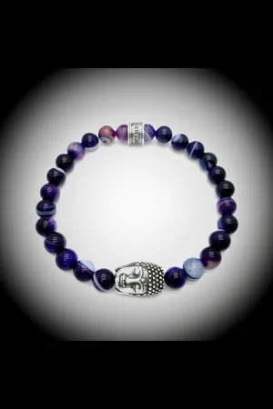 Behave Natuursteen Armband met 925 Sterling Zilver Buddha / Boedha Bedel van 13 gram Zilver , Handgemaakte Edelsteen Armband met 8mm (Paarse Sardonyx) kralen .