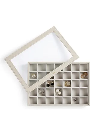Merkloos Sieradendoos Sieradenopslag met Deksel - Grote Sieradendoos Stapelbaar - PU-Leren Sieradenorganizer Grijs - 35 Kleine Vakken - Geschenkdoos voor Meisjes en Vrouwen - 30 x 21 x 38 cm
