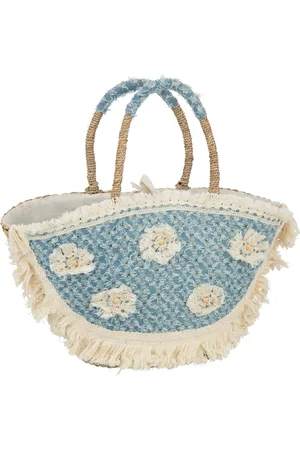 J-line Strandtas Bloemen+franjes Denim Zeegras Nat/blauw - 59x16x30cm