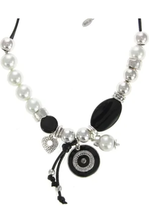 Behave Ketting met koord van imitatieleer, parels en diverse bedels en kralen