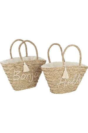 J-line Strandtas Bonjour/Hello Kwast - jute - /wit - 2 stuks
