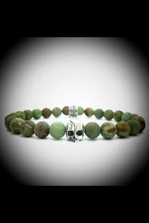 Behave Natuursteen Armband met 925 Sterling Zilver Skull Bedel van 6.1gram Zilver , Handgemaakte Edelsteen Armband met 8mm (Matte Groene Opaal) kralen .