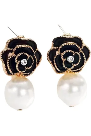 Margot Bardot Camelia Noire Perle Dangles Oorbellen Gold