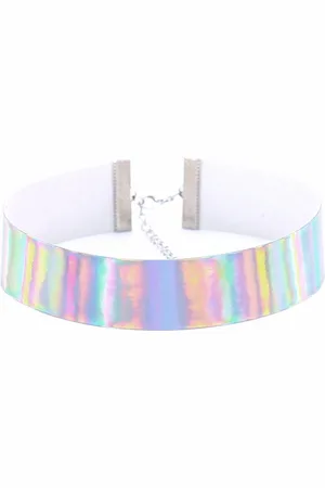 KIMU Choker Iridescent - Holografische Ketting Halsband Collar PVC - Sexy Zilveren Nekband Regenboog Pastel Halsbandje Halsketting Y2K 90