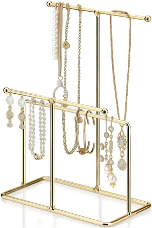 Merkloos Oorbellen rekje - Metalen sieraden boomstandaard - Sieradenpendant met 3 verdiepingen - Goudtint houder om kettingen, armbanden, ringen accessoires op te bergen Oorbellen rekje