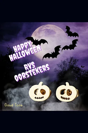 Fashion Jewelry Eggplant - Stainless steel RVS oorstekers oorbellen - Pompoen Scary Face - Gold Tone - 12 x 10 mm - oorbellen earstuds - Volwassenen jeugd kinderen - unisex - casual (thema) feest halloween carnaval
