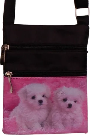 S.Y.W Schoudertasje - Maltezer Pups Roze Achtergrond - Zwart - Verstelbaar - 19x14,5cm