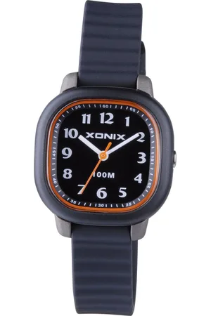XONIX ABF-007 - Horloge - Analoog - Kinderen - Unisex - Siliconen band - ABS - Vierkant - Cijfers - Zwart - Grijs - Oranje - Waterdicht - 10 ATM
