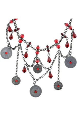 Behave Antiek zilverkleurige ketting met rode kralen en muntjes hangers