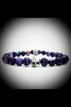 Behave Natuursteen Armband met 925 Sterling Zilver Skull Bedel van 6.1gram Zilver , Handgemaakte Edelsteen Armband met 8mm (Paarse Sardonyx) kralen .
