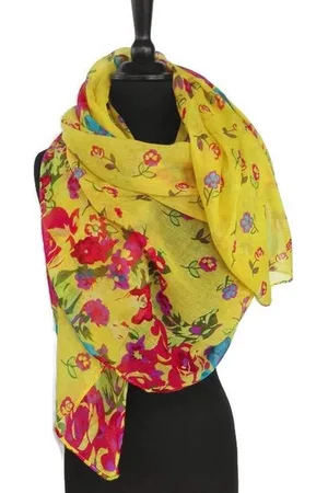 Merkloos Gele dames sjaal met bonte bloemen - 75 x 170 cm