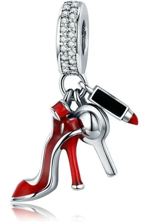 Fler ® | Bedel | Past op populaire bedel armbanden (standaard-3mm) | armbandbedel | Schoen met hoge hak, Spiegel & Lippenstift Bedel | Hangbedel Charm | 925 sterling | Zirkonia | Rode & Zwarte emaille | Vriendschap, Verjaardag | Valentijn kado
