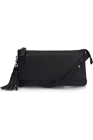 Manfield Zwarte leren clutch met ruffel details