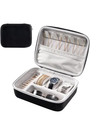 Merkloos Zwarte reistas met harde schaal voor 3 sleuven horloge-accessoires opbergdoos - Brillen, halskettingen, ringen, armbanden - Ritsluiting organizer tas voor vrouwen en mannen (Zwart-grijs)