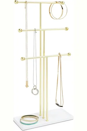 Merkloos Sieradenboom, extra hoge sieradenstandaard voor kettingen met geïntegreerd sieradenrek voor ringen, oorbellen, armbanden, horloges en accessoires, 3-traps, metaal, wit/goud