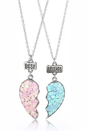 Bixorp Friends BFF Ketting voor 2 met Blauw & Roze Hartje Zilverkleurig - Vriendschapsketting - Twee Helften Best Friends - Voor Meisjes - Best Friends Ketting Vriendschap Cadeau voor Twee