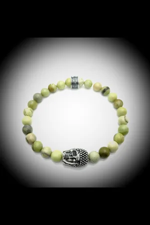 Behave Natuursteen Armband met 925 Sterling Zilver Skull / Buddha / Boedha Bedel van 13 gram Zilver , Handgemaakte Edelsteen Armband met 8mm (Aust. butter Jaspis) kralen .