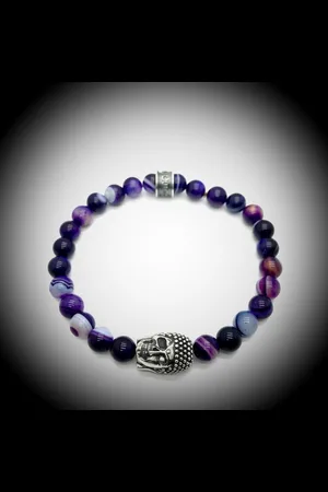 Behave Natuursteen Armband met 925 Sterling Zilver Skull / Buddha / Boedha Bedel van 13 gram Zilver , Handgemaakte Edelsteen Armband met 8mm (Paarse Sardonyx) kralen .