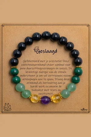 Bixorp Malachiet + Citrien + Amethist + Aventurijn + Onyx Armband op Cadeau Kaartje - Geslaagd - 8mm / 18cm Edelsteen Kralenarmband - Inclusief Cadeau Envelop
