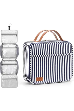 Merkloos Grote capaciteit waterdichte make-uptas om op te hangen - Make-up organizer met 4 vakken en haak Navy Blue & Striped